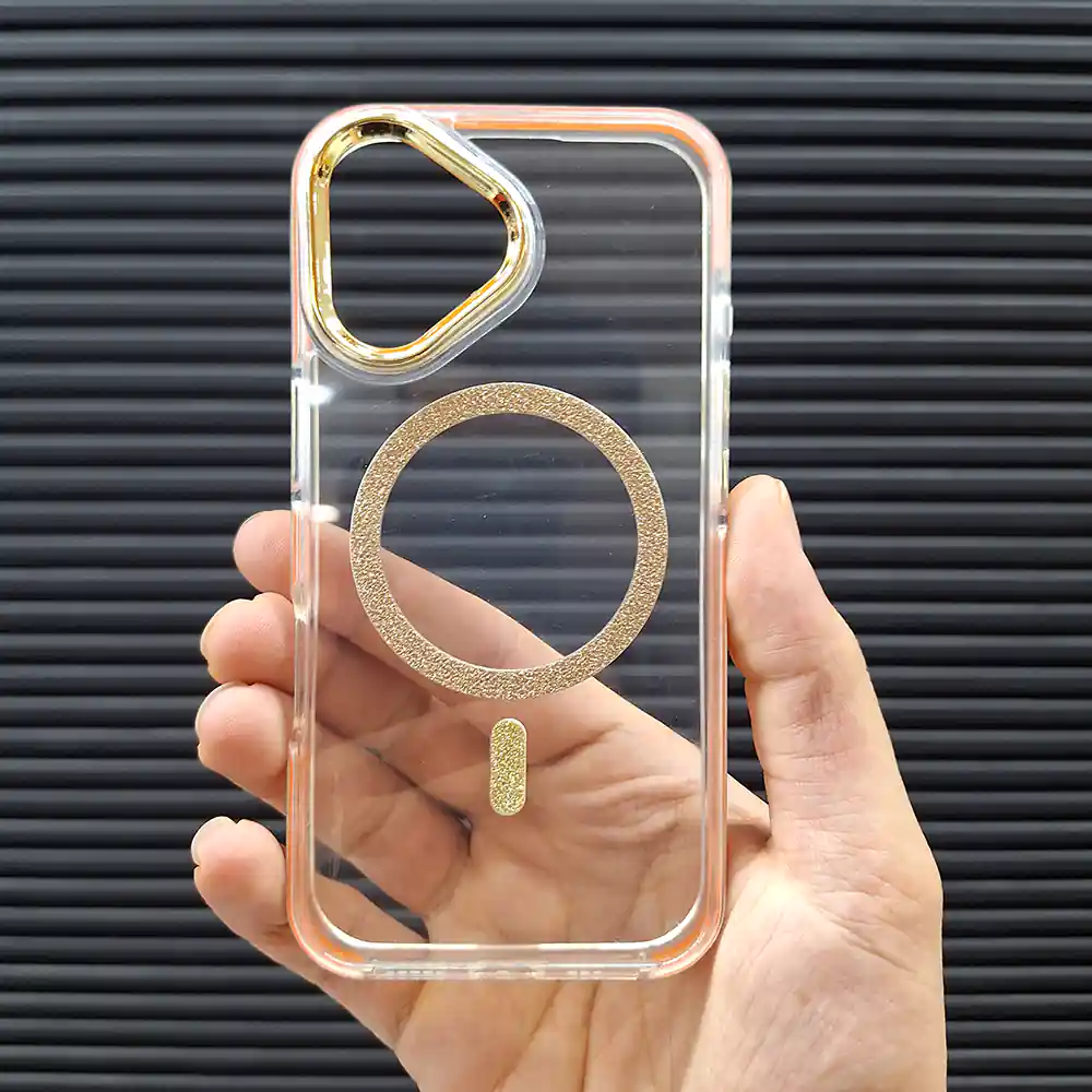 قاب (کاور، گارد، کیس) آیفون 16 نرمال دخترانه (iphone 16) شفاف شیشه ای شاین اکلیلی مگ سیف و محافظ لنز دار طلایی