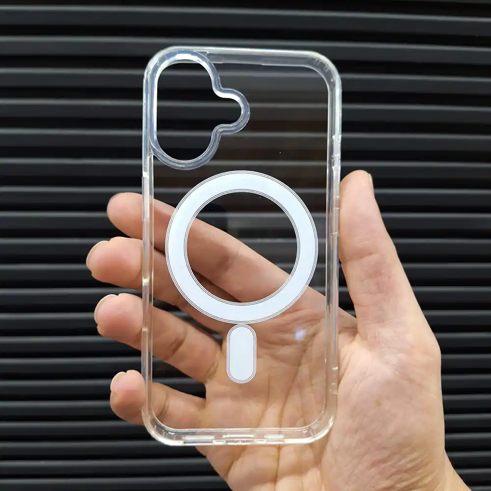 قاب (کاور، گارد، کیس) آیفون 16 نرمال (iphone 16 ) شفاف شیشه ای ارزان مگ سیف و محافظ لنز دار سفید