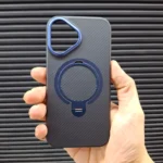 قاب (کاور، گارد، کیس) آیفون 16 نرمال (iphone 16) فیبر کربن هولدر استند دار، مگ سیف و محافظ لنز دار سرمه ای پسرانه