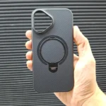 قاب (کاور، گارد، کیس) آیفون 16 نرمال (iphone 16) فیبر کربن هولدر استند دار، مگ سیف و محافظ لنز دار مشکی پسرانه