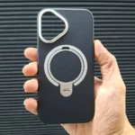 قاب (کاور، گارد، کیس) آیفون 16 نرمال (iphone 16) فیبر کربن هولدر استند دار، مگ سیف و محافظ لنز دار نقره ای پسرانه