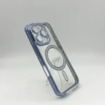قاب (کاور، گارد، کیس) آیفون 16 پرو دخترانه (iphone 16 pro) شفاف نگین شاین دار براق اکلیلی مگ سیف مگنتی محافظ لنز دار شیشه ای آبی