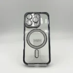 قاب دخترانه (کاور، گارد، کیس) آیفون 16 پرو (iphone 16 pro) شفاف نگین شاین دار براق اکلیلی مگ سیف مگنتی محافظ لنز دار شیشه ای مشکی