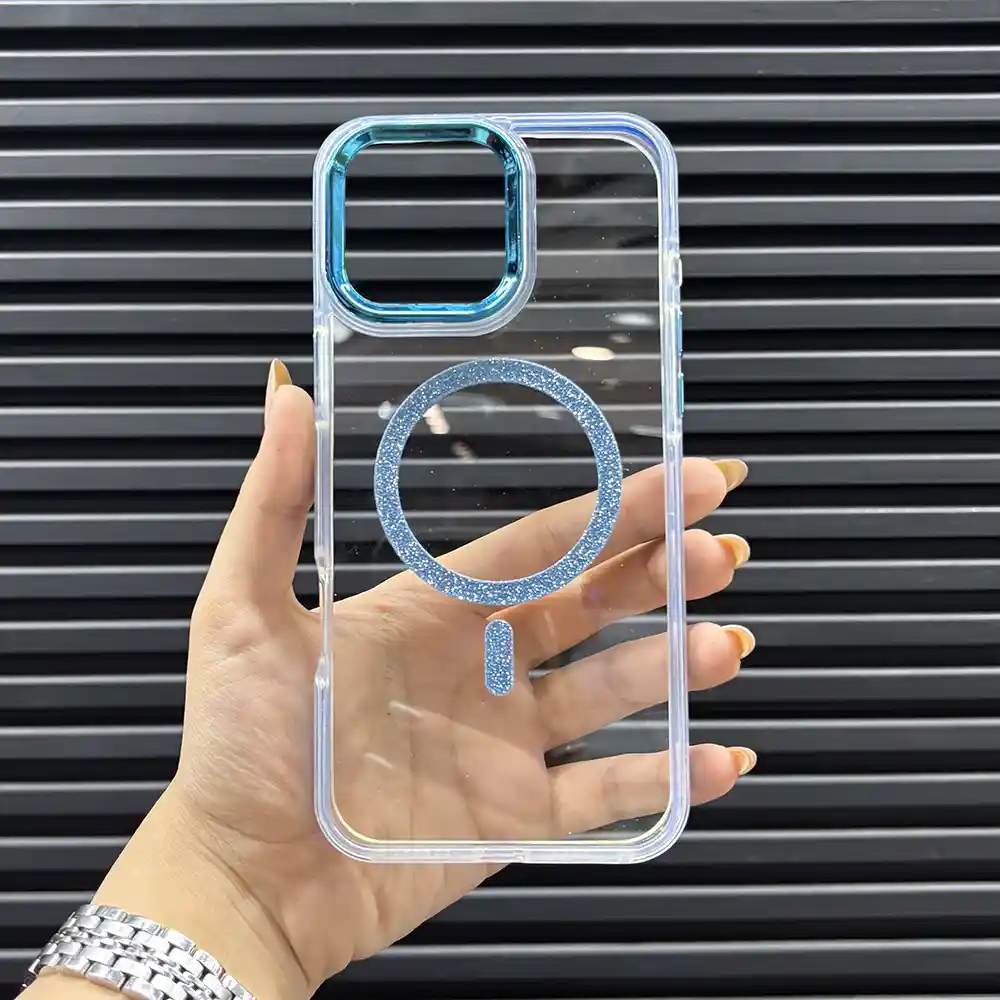 قاب (کاور، گارد، کیس) آیفون 16 پرومکس دخترانه (iphone 16 pro max) شفاف شیشه ای شاین اکلیلی مگ سیف و محافظ لنز دار آبی