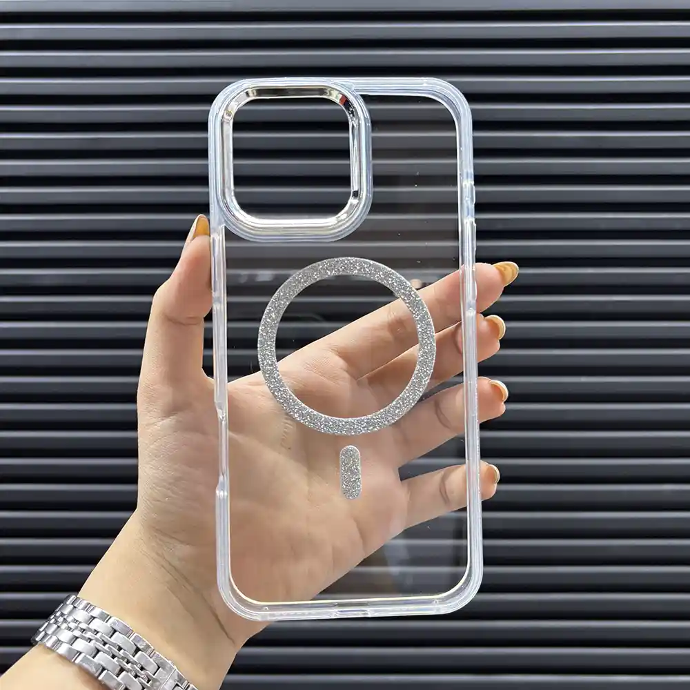 قاب (کاور، گارد، کیس) آیفون 16 پرومکس دخترانه (iphone 16 pro max) شفاف شیشه ای شاین اکلیلی مگ سیف و محافظ لنز دار سفید نقره ای