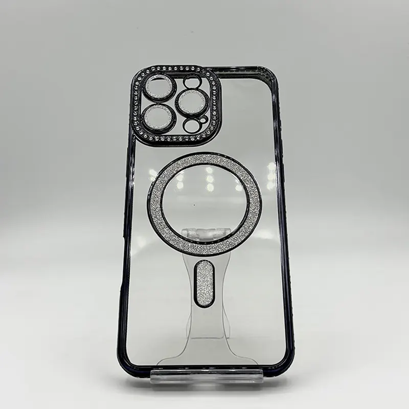 قاب (کاور، گارد، کیس) آیفون 16 پرومکس دخترانه (iphone 16 pro max) شفاف نگین شاین دار براق اکلیلی مگ سیف مگنتی محافظ لنز دار شیشه ای