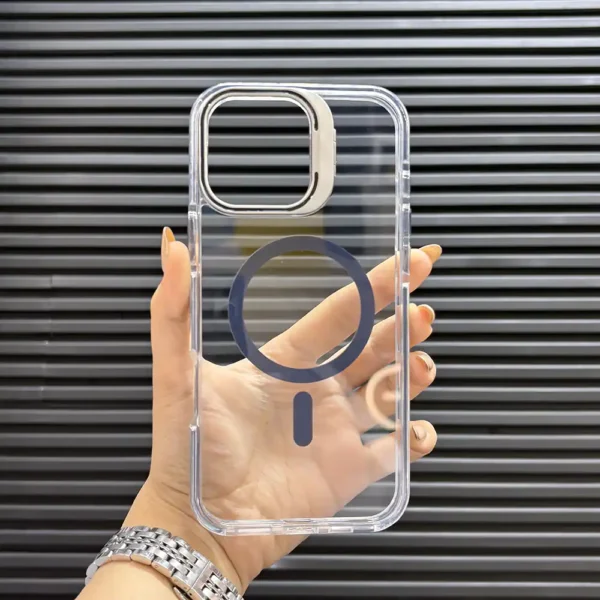 قاب (کاور، گارد، کیس) آیفون 16 پرومکس (iphone 16 pro max) شفاف شیشه ای بی رنگ هولدر استند شو، مگ سیف و محافظ لنز دار سرمه ای