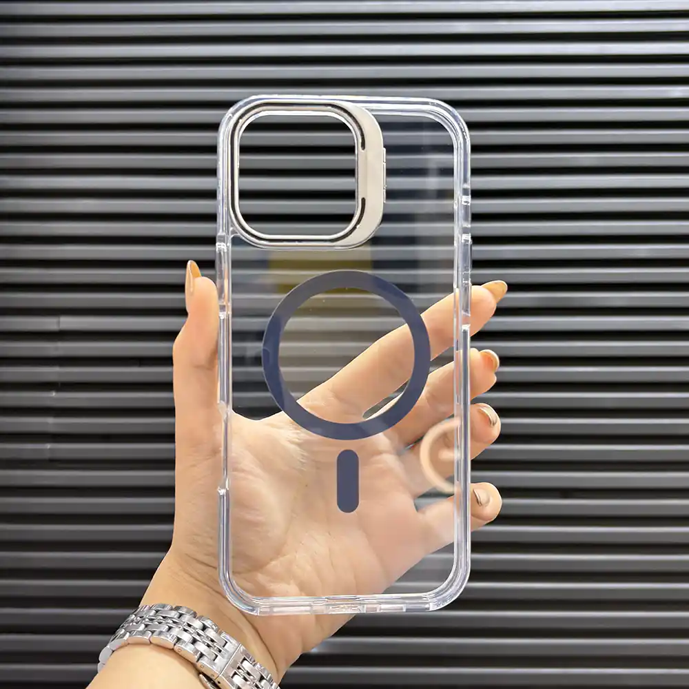 قاب (کاور، گارد، کیس) آیفون 16 پرومکس (iphone 16 pro max) شفاف شیشه ای بی رنگ هولدر استند شو، مگ سیف و محافظ لنز دار سرمه ای