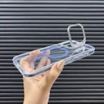قاب (کاور، گارد، کیس) آیفون 13 و 14 نرمال (iphone 13 & 14) شفاف شیشه ای بی رنگ هولدر استند شو، مگ سیف و محافظ لنز دار سرمه ای