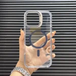 قاب (کاور، گارد، کیس) آیفون 13 و 14 نرمال (iphone 13 & 14) شفاف شیشه ای بی رنگ هولدر استند شو، مگ سیف و محافظ لنز دار سرمه ای