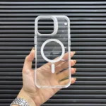 قاب (کاور، گارد، کیس) آیفون 13 و 14 نرمال (iphone 13 & 14) شفاف شیشه ای بی رنگ هولدر استند شو، مگ سیف و محافظ لنز دار سفید