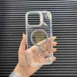قاب (کاور، گارد، کیس) آیفون 13 و 14 نرمال (iphone 13 & 14) شفاف شیشه ای بی رنگ هولدر استند شو، مگ سیف و محافظ لنز دار نقره ای
