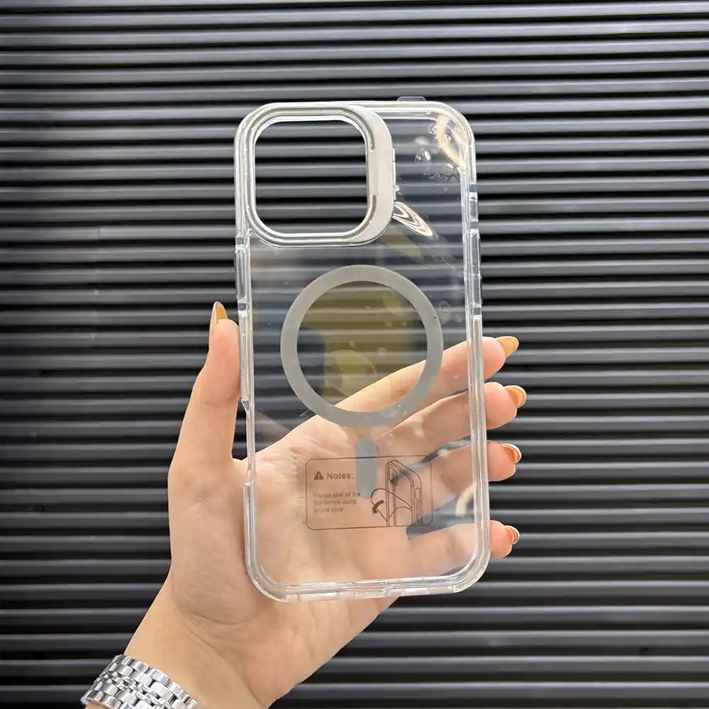 قاب (کاور، گارد، کیس) آیفون 13 و 14 نرمال (iphone 13 & 14) شفاف شیشه ای بی رنگ هولدر استند شو، مگ سیف و محافظ لنز دار نقره ای