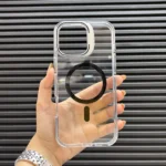 قاب (کاور، گارد، کیس) آیفون 13 و 14 نرمال (iphone 13 & 14) شفاف شیشه ای بی رنگ هولدر استند شو، مگ سیف و محافظ لنز دار مشکی
