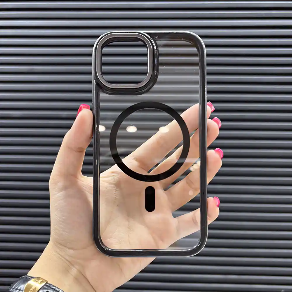 قاب (کاور، گارد، کیس) آیفون 15 نرمال (iphone 15) stylish دور فلزی شفاف شیشه ای بی رنگ ارزان مگ سیف و محافظ لنز دار مشکی