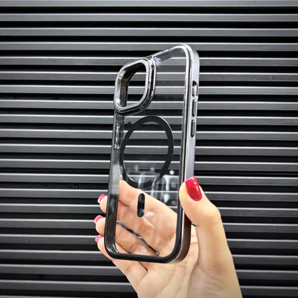 قاب (کاور، گارد، کیس) آیفون 15 نرمال (iphone 15) stylish دور فلزی شفاف شیشه ای بی رنگ ارزان مگ سیف و محافظ لنز دار مشکی