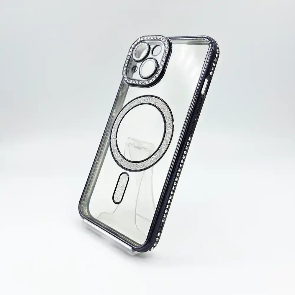 قاب دخترانه (کاور، گارد، کیس) آیفون 15 نرمال (iphone 15) شفاف نگین شاین دار براق اکلیلی مگ سیف مگنتی محافظ لنز دار شیشه ای مشکی