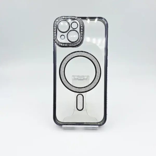 قاب دخترانه (کاور، گارد، کیس) آیفون 15 نرمال (iphone 15) شفاف نگین شاین دار براق اکلیلی مگ سیف مگنتی محافظ لنز دار شیشه ای مشکی