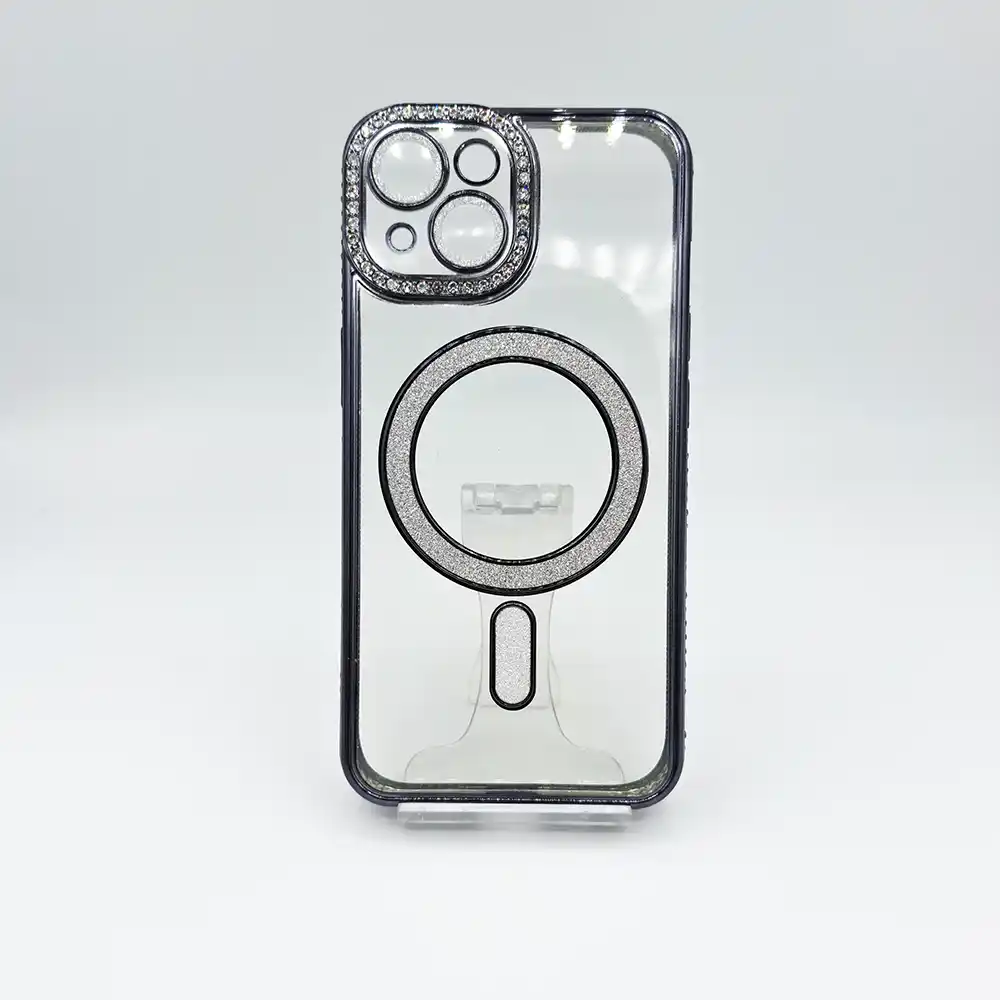 قاب دخترانه (کاور، گارد، کیس) آیفون 15 نرمال (iphone 15) شفاف نگین شاین دار براق اکلیلی مگ سیف مگنتی محافظ لنز دار شیشه ای مشکی