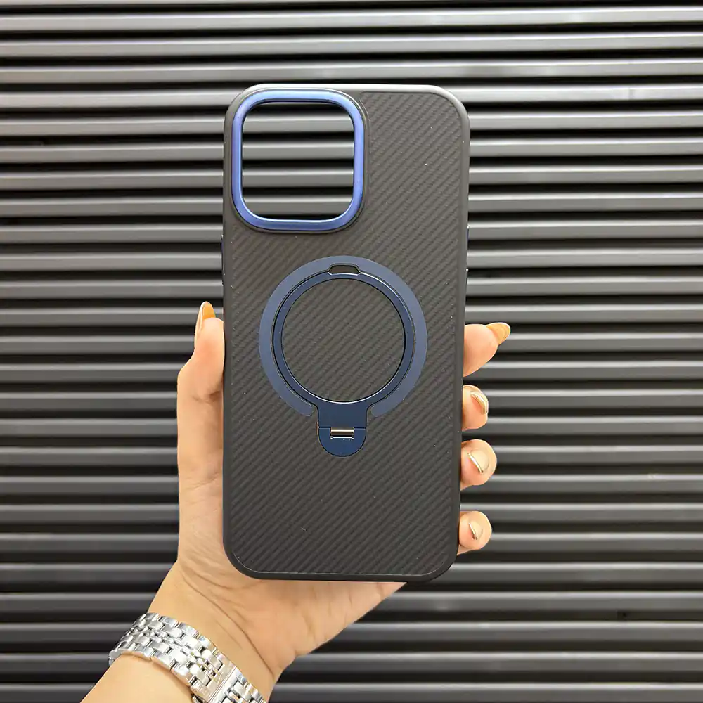 قاب (کاور، گارد، کیس) آیفون 15 نرمال (iphone 15) فیبر کربن هولدر استند دار، مگ سیف و محافظ لنز دار مشکی و سرمه ای پسرانه