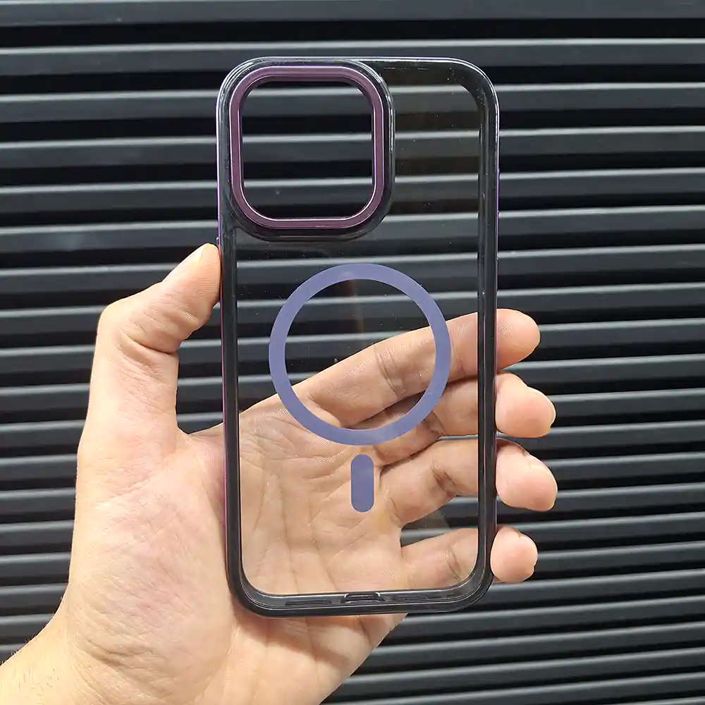 قاب (کاور، گارد، کیس) آیفون 15 پرومکس (iphone 15 pro max) stylish دور فلزی شفاف شیشه ای بی رنگ ارزان مگ سیف و محافظ لنز دار بنفش