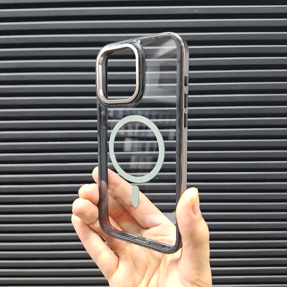 قاب (کاور، گارد، کیس) آیفون 15 پرومکس (iphone 15 pro max) stylish دور فلزی شفاف شیشه ای بی رنگ ارزان مگ سیف و محافظ لنز دار نقره ای