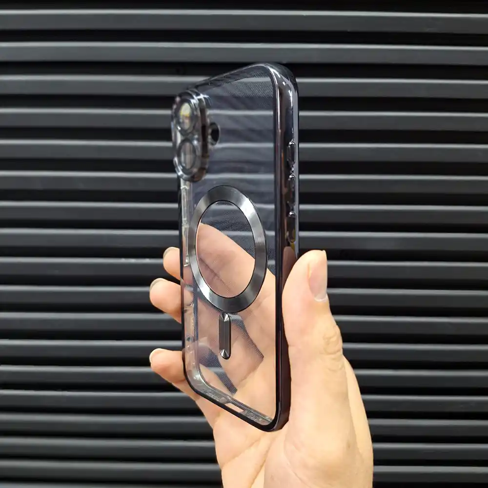 قاب (کاور، گارد، کیس) آیفون 16 نرمال (iphone) شفاف شیشه ای ژله ای tpu مگ سیف (مگنتی) و محافظ لنز دار مشکی