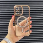 قاب دخترانه (کاور، گارد، کیس) اپل آیفون 16 نرمال (iphone) شفاف نگین شاین دار براق اکلیلی مگ سیف مگنتی محافظ لنز دار شیشه ای مشکی
