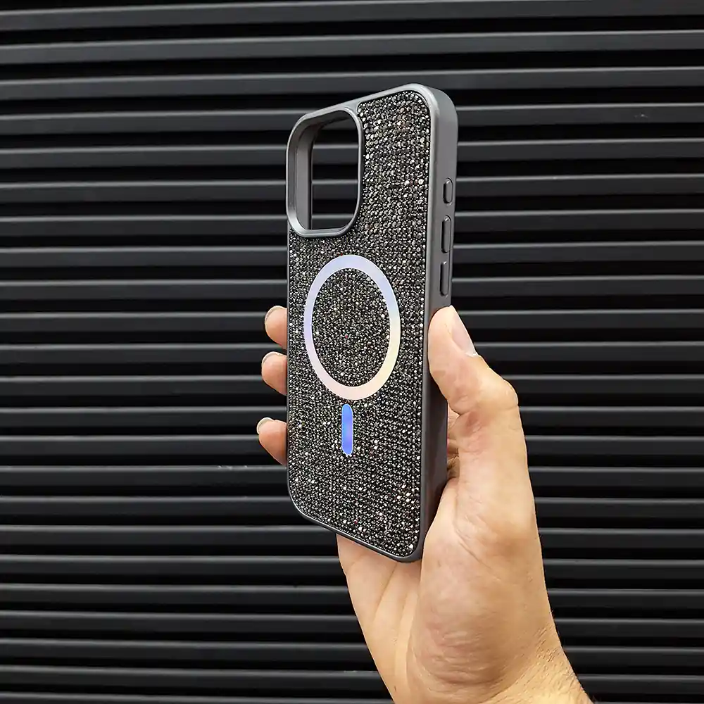قاب (کاور، گارد، کیس) آیفون (iphone) دخترانه طرح سواروسکی - swarovski فول نگین شاین دار براق با مگ سیف مگنتی و محافظ لنز بدون شیشه خاکستری
