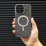 قاب (کاور، گارد، کیس) آیفون (iphone) دخترانه طرح سواروسکی - swarovski فول نگین شاین دار براق با مگ سیف مگنتی و محافظ لنز بدون شیشه خاکستری