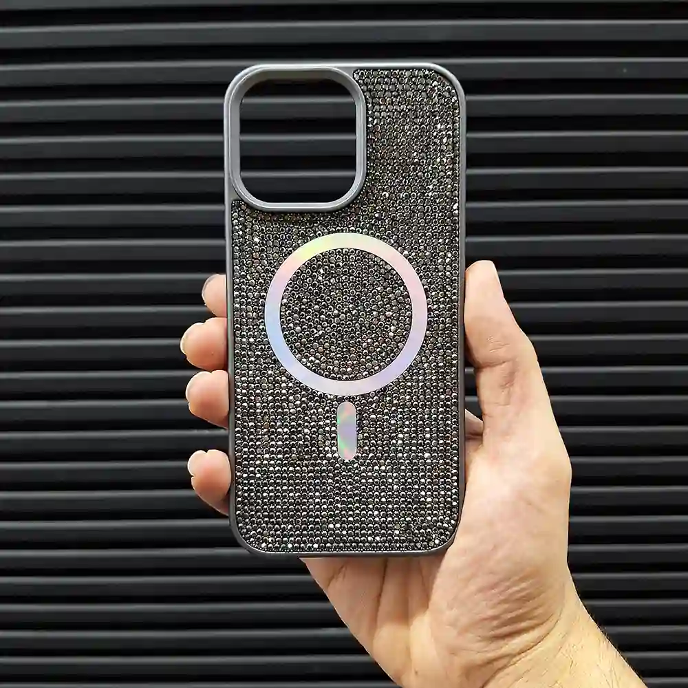 قاب (کاور، گارد، کیس) آیفون (iphone) دخترانه طرح سواروسکی - swarovski فول نگین شاین دار براق با مگ سیف مگنتی و محافظ لنز بدون شیشه خاکستری