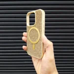 قاب (کاور، گارد، کیس) آیفون (iphone) دخترانه طرح سواروسکی - swarovski فول نگین شاین دار براق با مگ سیف مگنتی و محافظ لنز بدون شیشه طلایی