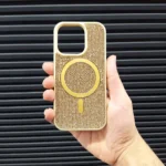 قاب (کاور، گارد، کیس) آیفون (iphone) دخترانه طرح سواروسکی - swarovski فول نگین شاین دار براق با مگ سیف مگنتی و محافظ لنز بدون شیشه طلایی