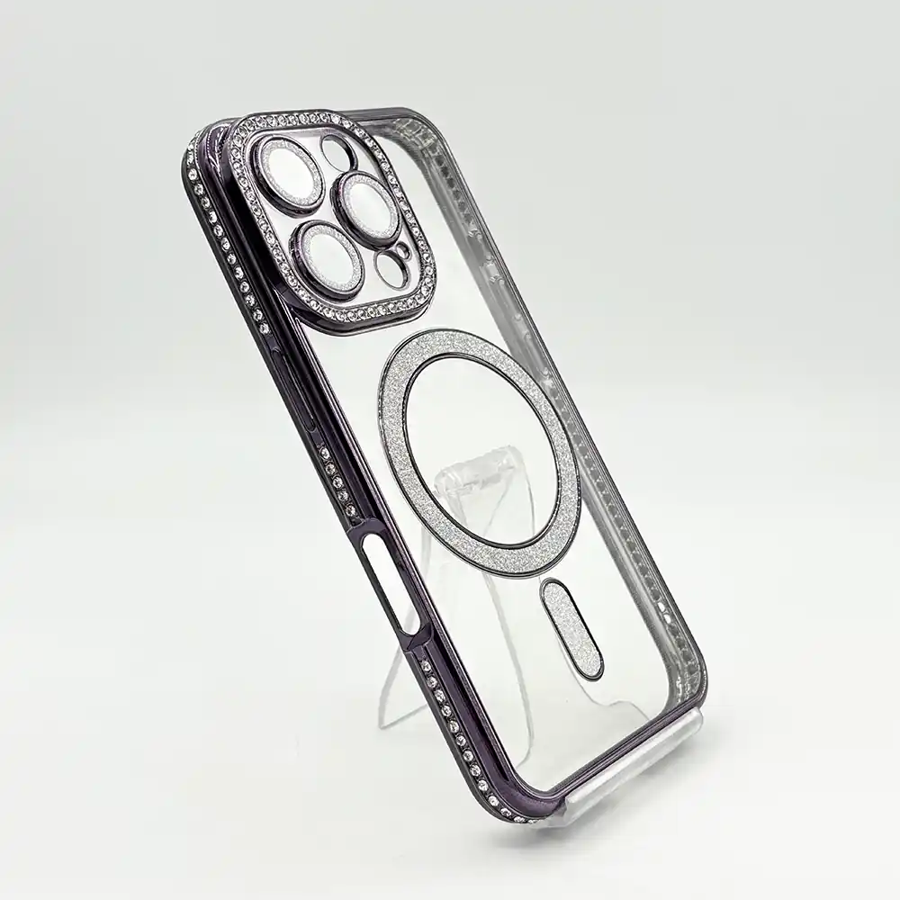 قاب دخترانه (کاور، گارد، کیس) آیفون (iphone) شفاف نگین شاین دار براق اکلیلی مگ سیف مگنتی محافظ لنز دار شیشه ای بنفش