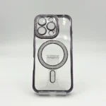 قاب دخترانه (کاور، گارد، کیس) آیفون (iphone) شفاف نگین شاین دار براق اکلیلی مگ سیف مگنتی محافظ لنز دار شیشه ای بنفش