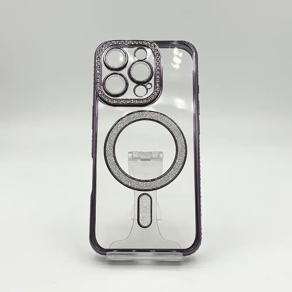 قاب دخترانه (کاور، گارد، کیس) آیفون (iphone) شفاف نگین شاین دار براق اکلیلی مگ سیف مگنتی محافظ لنز دار شیشه ای بنفش