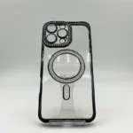 قاب دخترانه (کاور، گارد، کیس) آیفون (iphone) شفاف نگین شاین دار براق اکلیلی مگ سیف مگنتی محافظ لنز دار شیشه ای مشکی