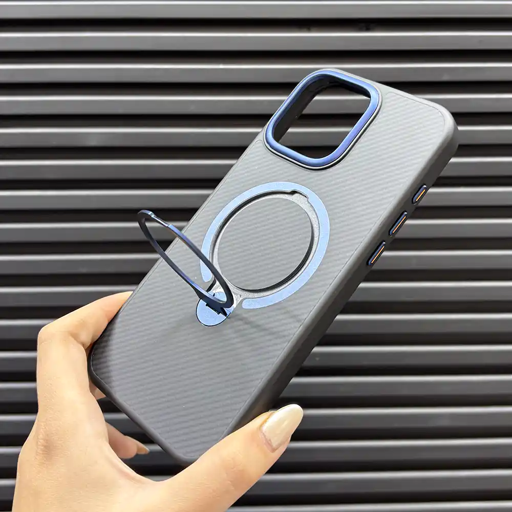 قاب (کاور، گارد، کیس) آیفون پسرانه (iphone) فیبر کربن هولدر استند شو انگشتی، مگ سیف و محافظ لنز دار سرمه ای