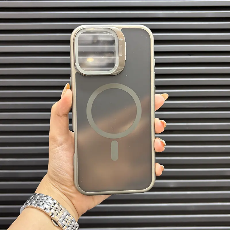 قاب (کاور، گارد، کیس) آیفون (iphone) مات مگ سیف و محافظ لنز دار هولدر استند دار طوسی نقره ای
