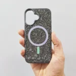 قاب (کاور، گارد، کیس) آیفون نرمال (iphone) دخترانه طرح سواروسکی - swarovski فول نگین شاین دار براق با مگ سیف مگنتی و محافظ لنز بدون شیشه خاکستری