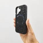 قاب (کاور، گارد، کیس) آیفون نرمال (iphone) دخترانه طرح سواروسکی - swarovski فول نگین شاین دار براق با مگ سیف مگنتی و محافظ لنز بدون شیشه مشکی