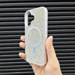 قاب (کاور، گارد، کیس) آیفون نرمال (iphone) دخترانه طرح سواروسکی - swarovski فول نگین شاین دار براق با مگ سیف مگنتی و محافظ لنز بدون شیشه نقره ای