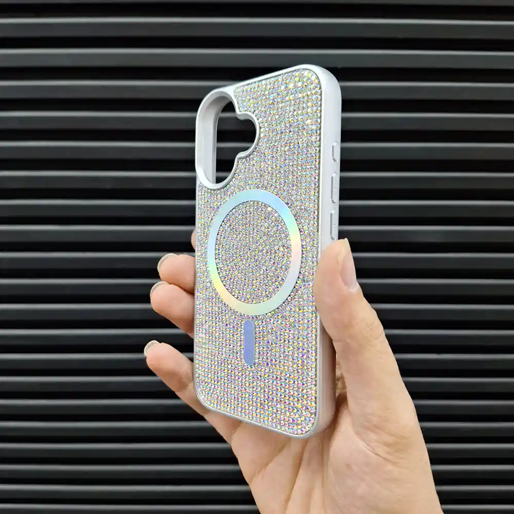 قاب (کاور، گارد، کیس) آیفون نرمال (iphone) دخترانه طرح سواروسکی - swarovski فول نگین شاین دار براق با مگ سیف مگنتی و محافظ لنز بدون شیشه هولوگرامی