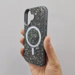 قاب (کاور، گارد، کیس) آیفون نرمال (iphone) دخترانه طرح سواروسکی - swarovski فول نگین شاین دار براق با مگ سیف مگنتی و محافظ لنز بدون شیشه خاکستری