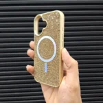 قاب (کاور، گارد، کیس) آیفون نرمال (iphone) دخترانه طرح سواروسکی - swarovski فول نگین شاین دار براق با مگ سیف مگنتی و محافظ لنز بدون شیشه طلایی