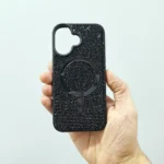 قاب (کاور، گارد، کیس) آیفون نرمال (iphone) دخترانه طرح سواروسکی - swarovski فول نگین شاین دار براق با مگ سیف مگنتی و محافظ لنز بدون شیشه مشکی