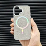 قاب (کاور، گارد، کیس) آیفون نرمال (iphone) دخترانه طرح سواروسکی - swarovski فول نگین شاین دار براق با مگ سیف مگنتی و محافظ لنز بدون شیشه نقره ای