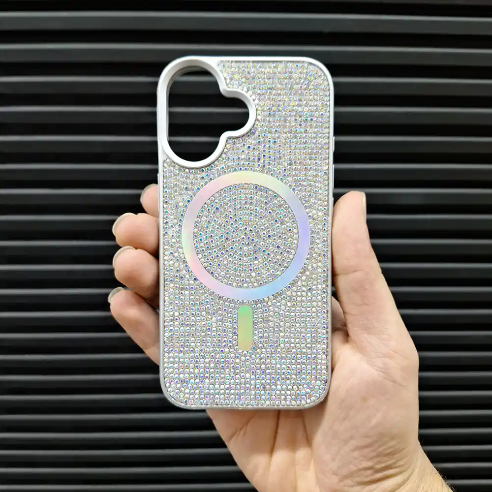 قاب (کاور، گارد، کیس) آیفون نرمال (iphone) دخترانه طرح سواروسکی - swarovski فول نگین شاین دار براق با مگ سیف مگنتی و محافظ لنز بدون شیشه هولوگرامی