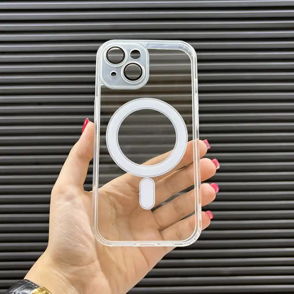 قاب (کاور، گارد، کیس) آیفون نرمال (iphone) شفاف شیشه ای ارزان مگ سیف و محافظ لنز دار سفید