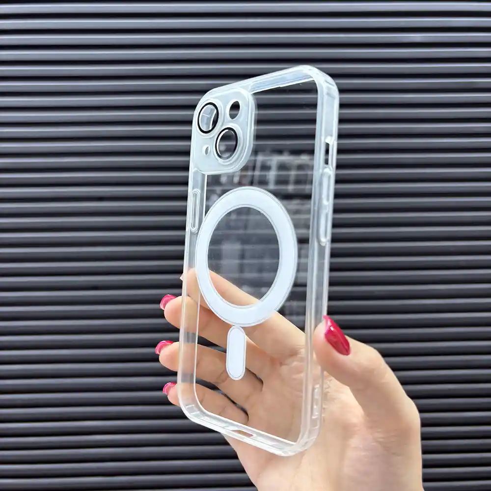 قاب (کاور، گارد، کیس) آیفون نرمال (iphone) شفاف شیشه ای ارزان مگ سیف و محافظ لنز دار سفید